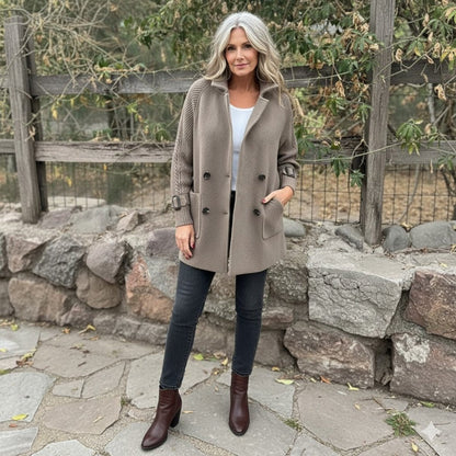 Women's Double-Breasted Jacket with Cable-Knit Sleeves