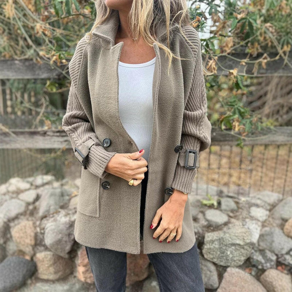 Women's Double-Breasted Jacket with Cable-Knit Sleeves