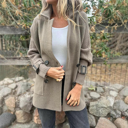 Women's Double-Breasted Jacket with Cable-Knit Sleeves