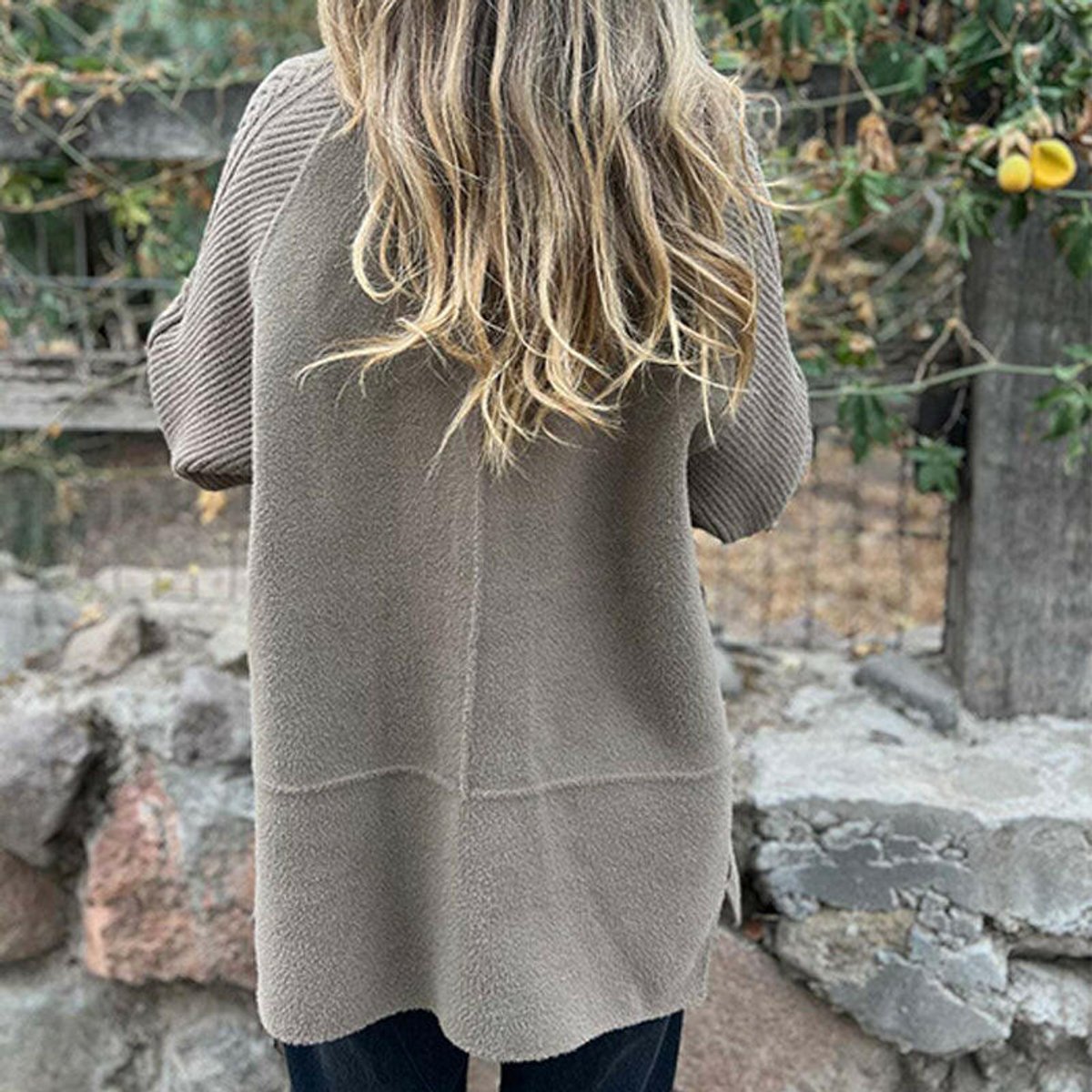 Women's Double-Breasted Jacket with Cable-Knit Sleeves