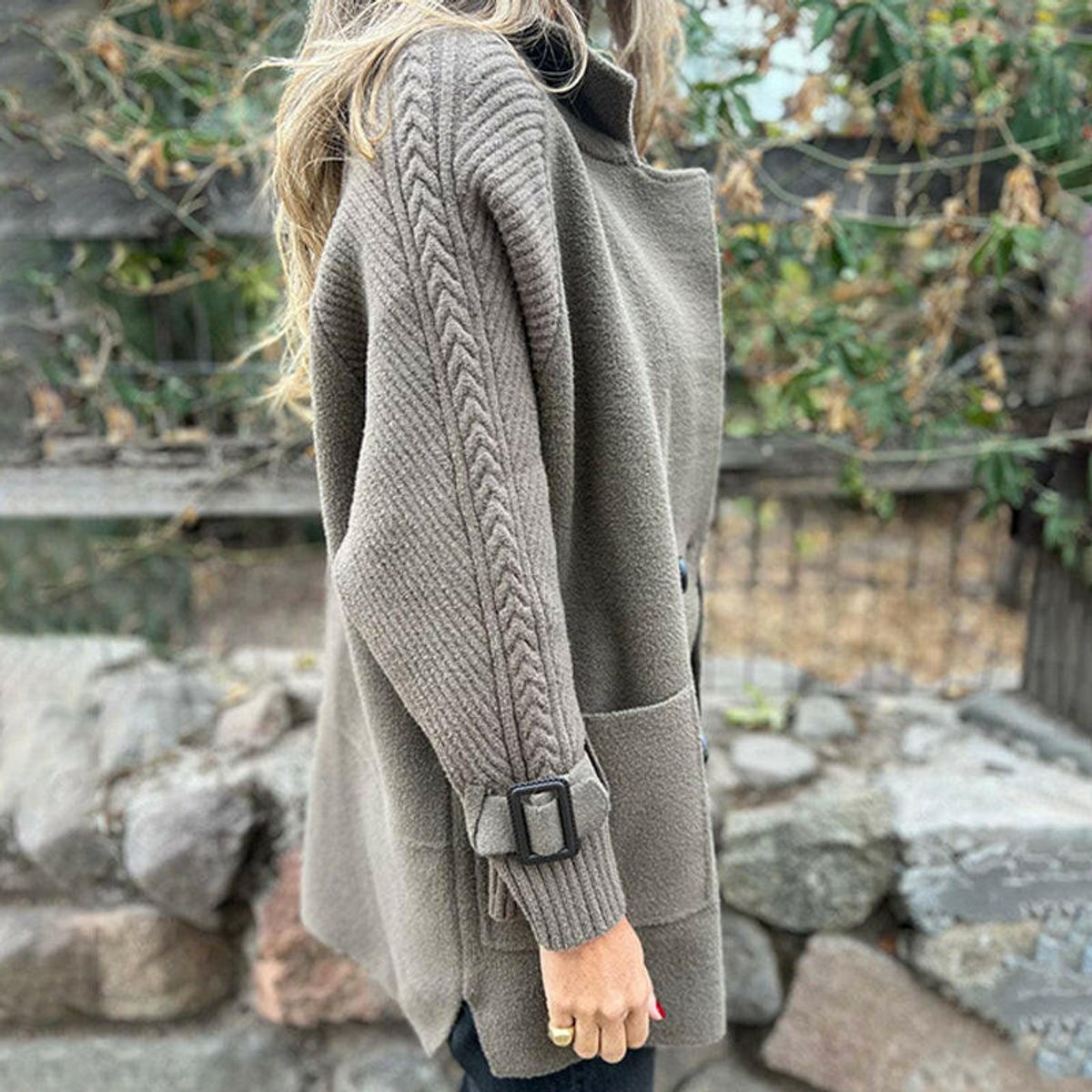 Women's Double-Breasted Jacket with Cable-Knit Sleeves