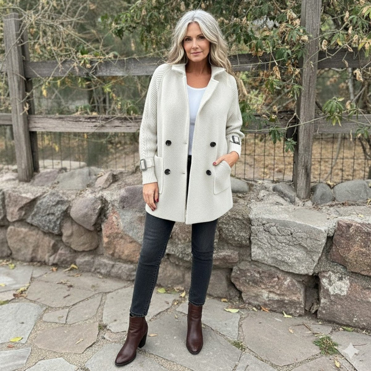 Women's Double-Breasted Jacket with Cable-Knit Sleeves