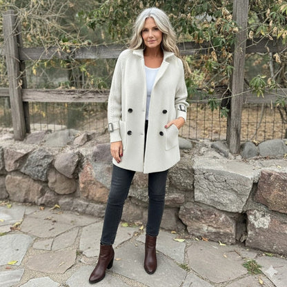 Women's Double-Breasted Jacket with Cable-Knit Sleeves