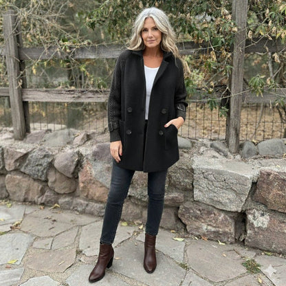 Women's Double-Breasted Jacket with Cable-Knit Sleeves