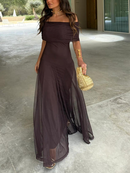 Off Shoulder Ruched Maxi Dress With Sheer Overlay