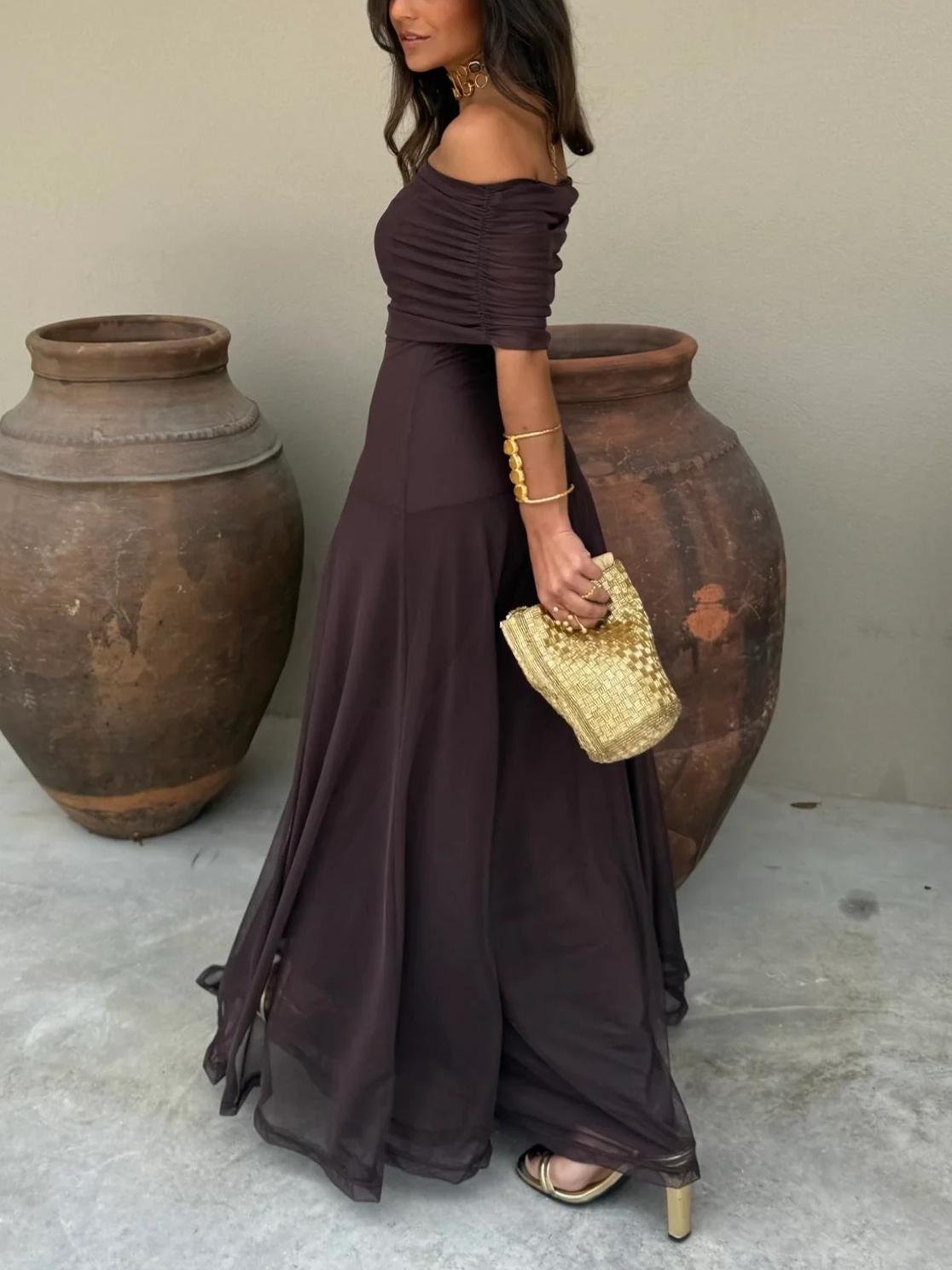 Off Shoulder Ruched Maxi Dress With Sheer Overlay