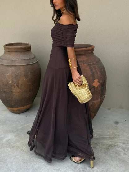 Off Shoulder Ruched Maxi Dress With Sheer Overlay