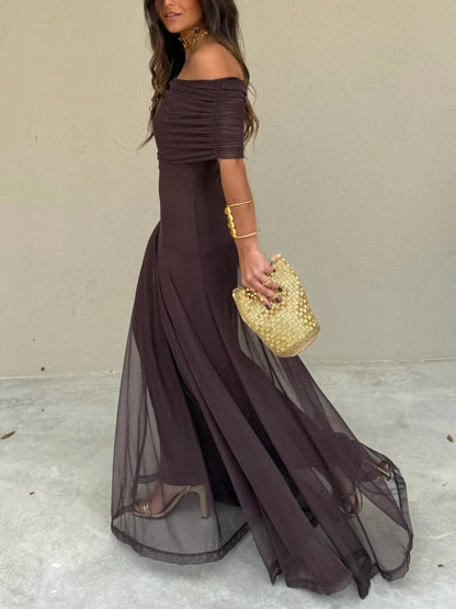 Off Shoulder Ruched Maxi Dress With Sheer Overlay