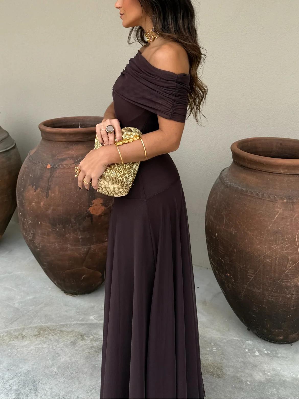 Off Shoulder Ruched Maxi Dress With Sheer Overlay