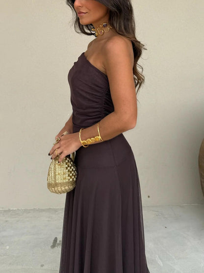 Off Shoulder Ruched Maxi Dress With Sheer Overlay