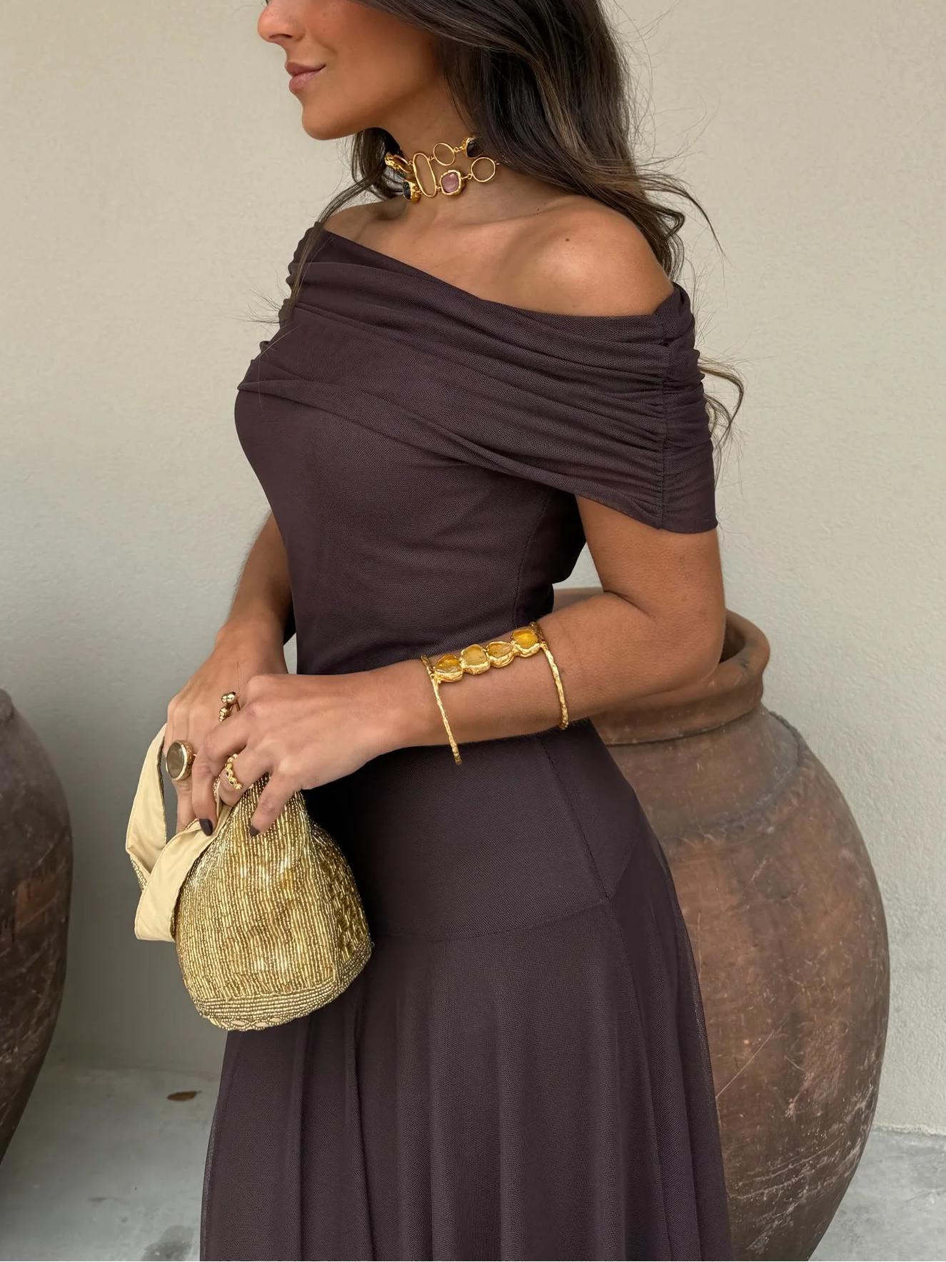 Off Shoulder Ruched Maxi Dress With Sheer Overlay