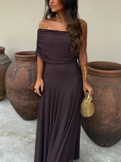 Off Shoulder Ruched Maxi Dress With Sheer Overlay