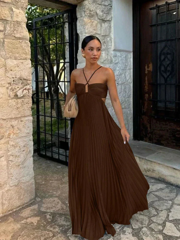 Pleated Halter Maxi Dress With Side Cut-Outs