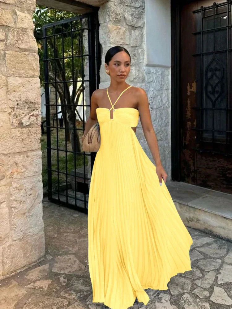 Pleated Halter Maxi Dress With Side Cut-Outs