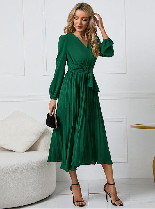 Long Sleeve Wrap Neck Midi Dress for Wedding Guests