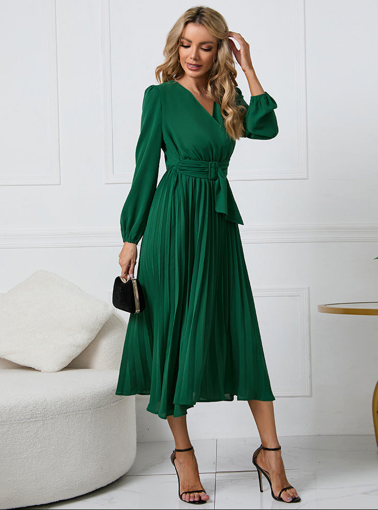Long Sleeve Wrap Neck Midi Dress for Wedding Guests