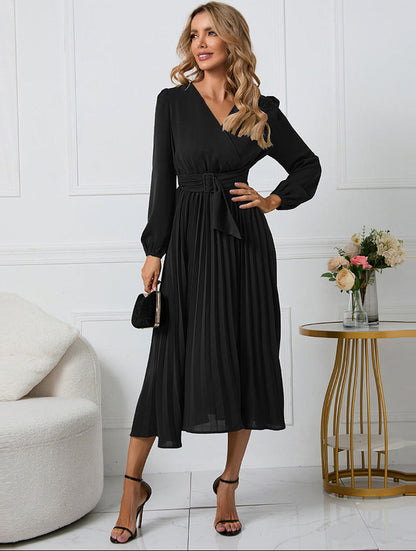 Long Sleeve Wrap Neck Midi Dress for Wedding Guests