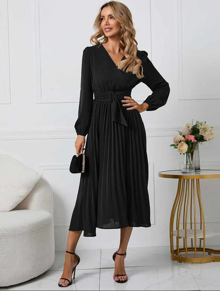 Long Sleeve Wrap Neck Midi Dress for Wedding Guests