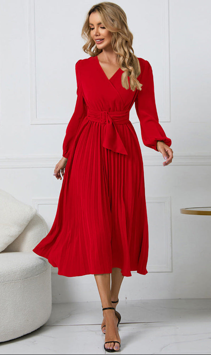 Long Sleeve Wrap Neck Midi Dress for Wedding Guests