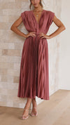 Pleated V Neck Midi Dress for Wedding Guests