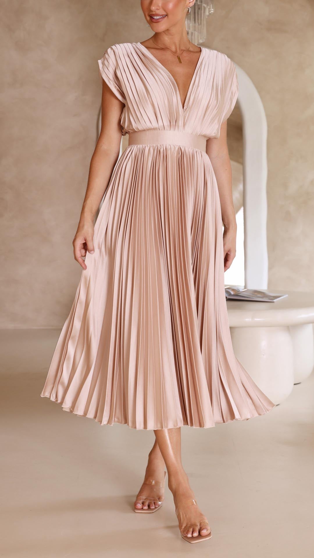 Pleated V Neck Midi Dress for Wedding Guests