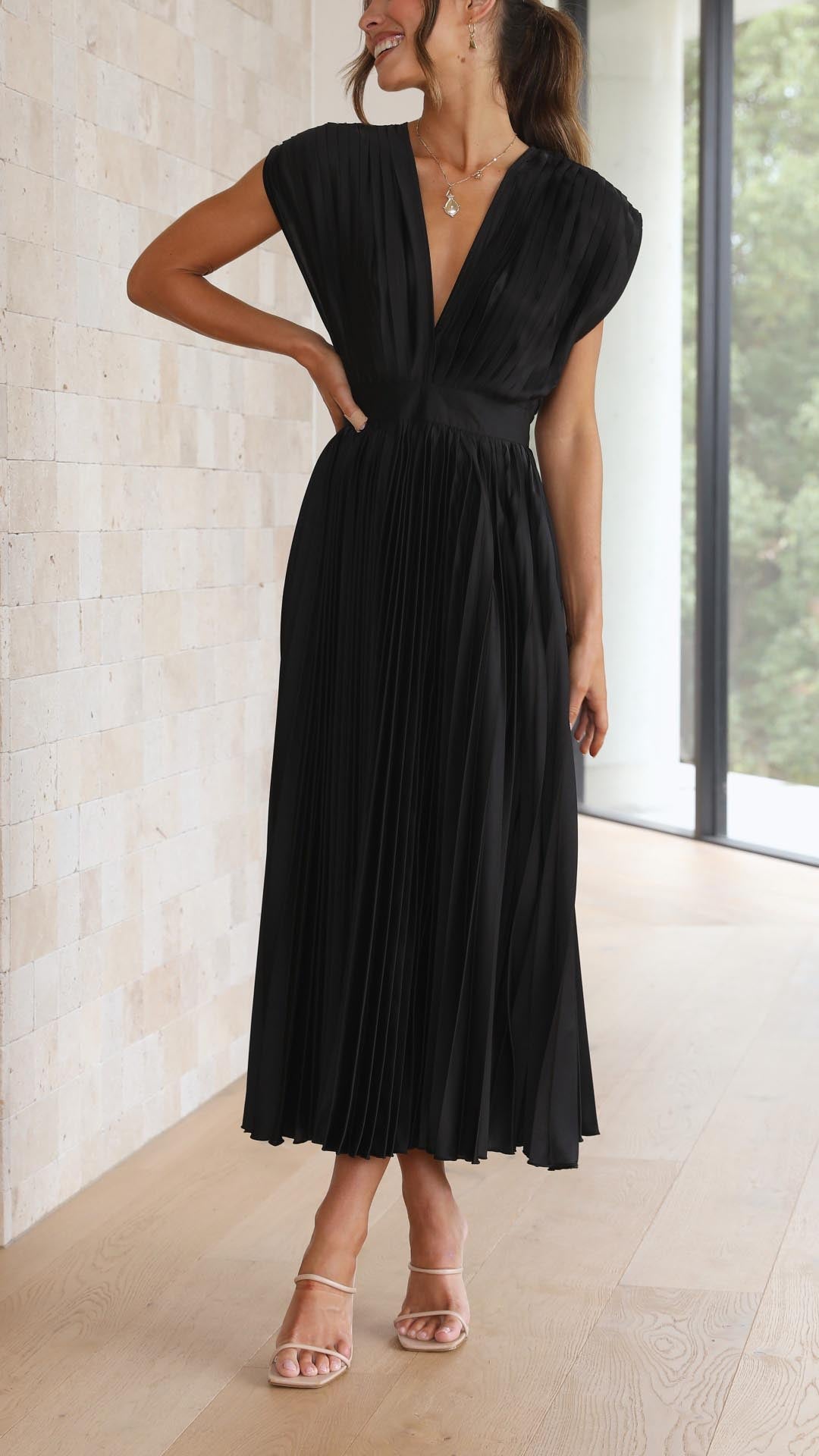 Pleated V Neck Midi Dress for Wedding Guests