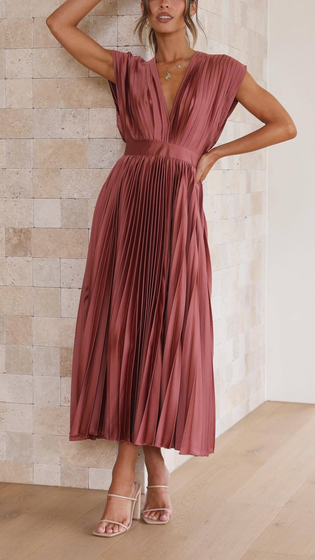 Pleated V Neck Midi Dress for Wedding Guests