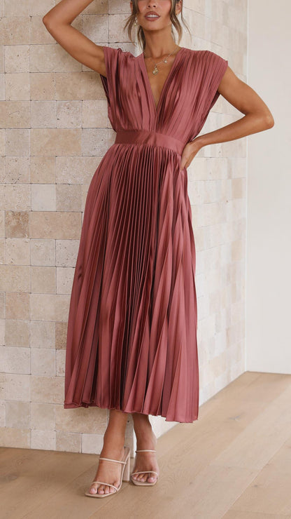 Pleated V Neck Midi Dress for Wedding Guests