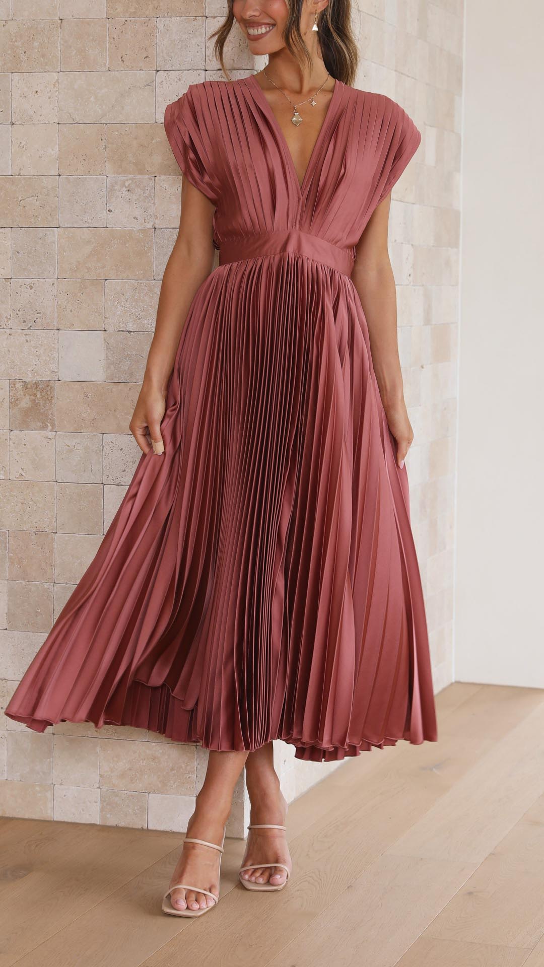 Pleated V Neck Midi Dress for Wedding Guests