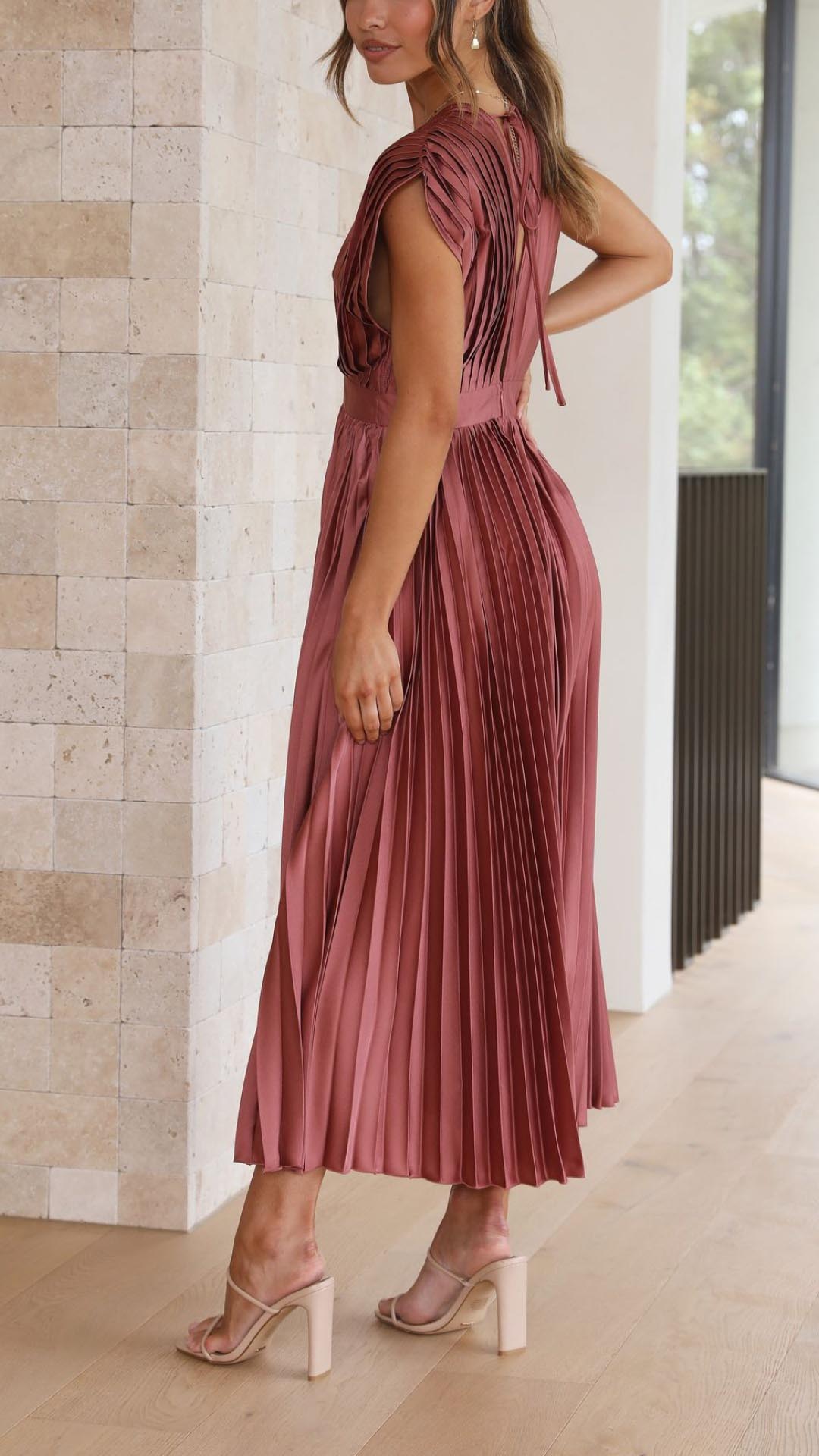 Pleated V Neck Midi Dress for Wedding Guests