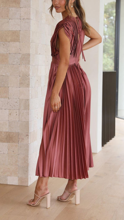 Pleated V Neck Midi Dress for Wedding Guests