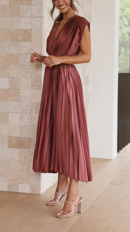 Pleated V Neck Midi Dress for Wedding Guests