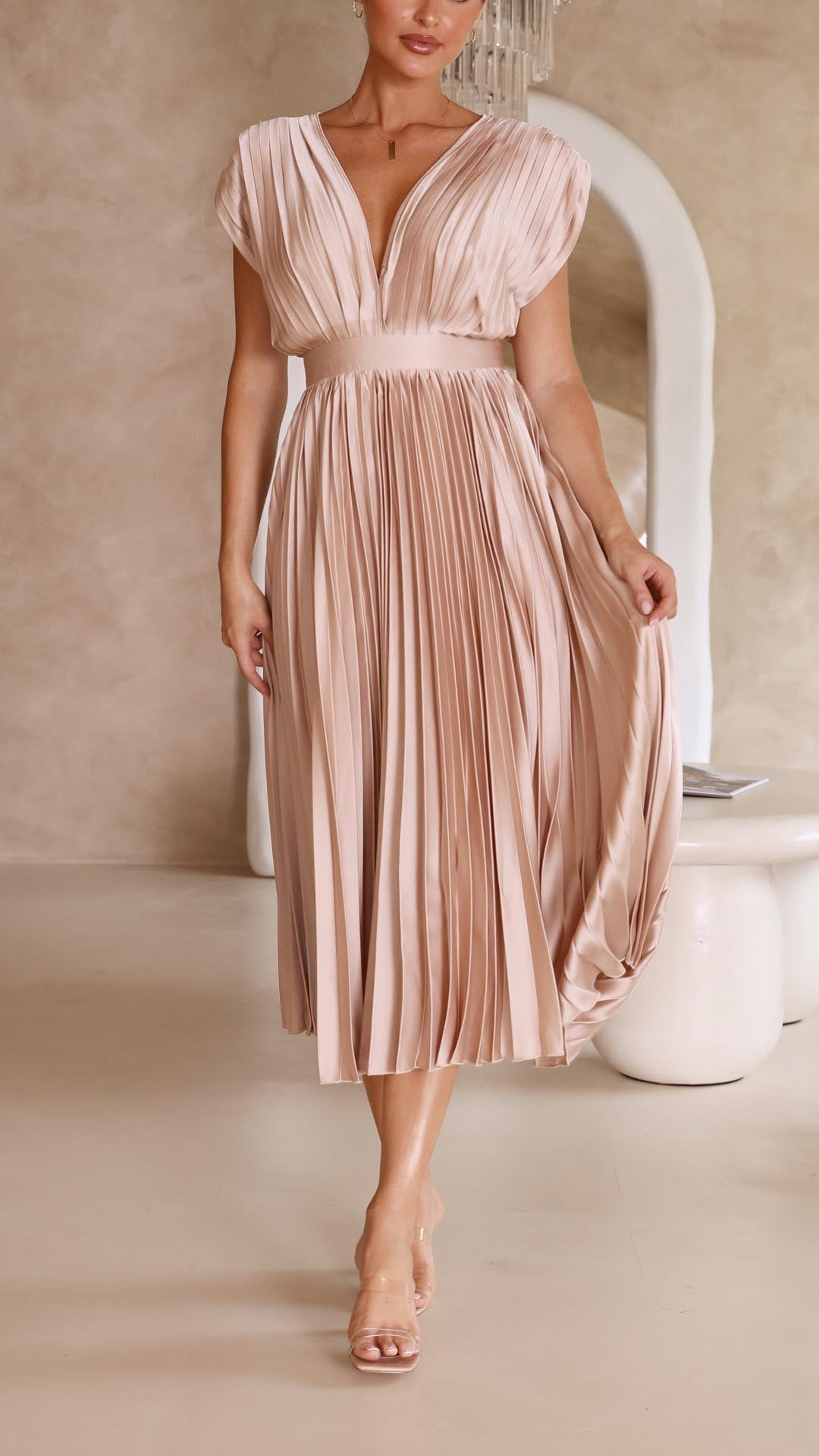 Pleated V Neck Midi Dress for Wedding Guests