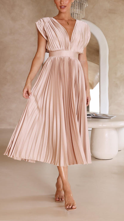 Pleated V Neck Midi Dress for Wedding Guests