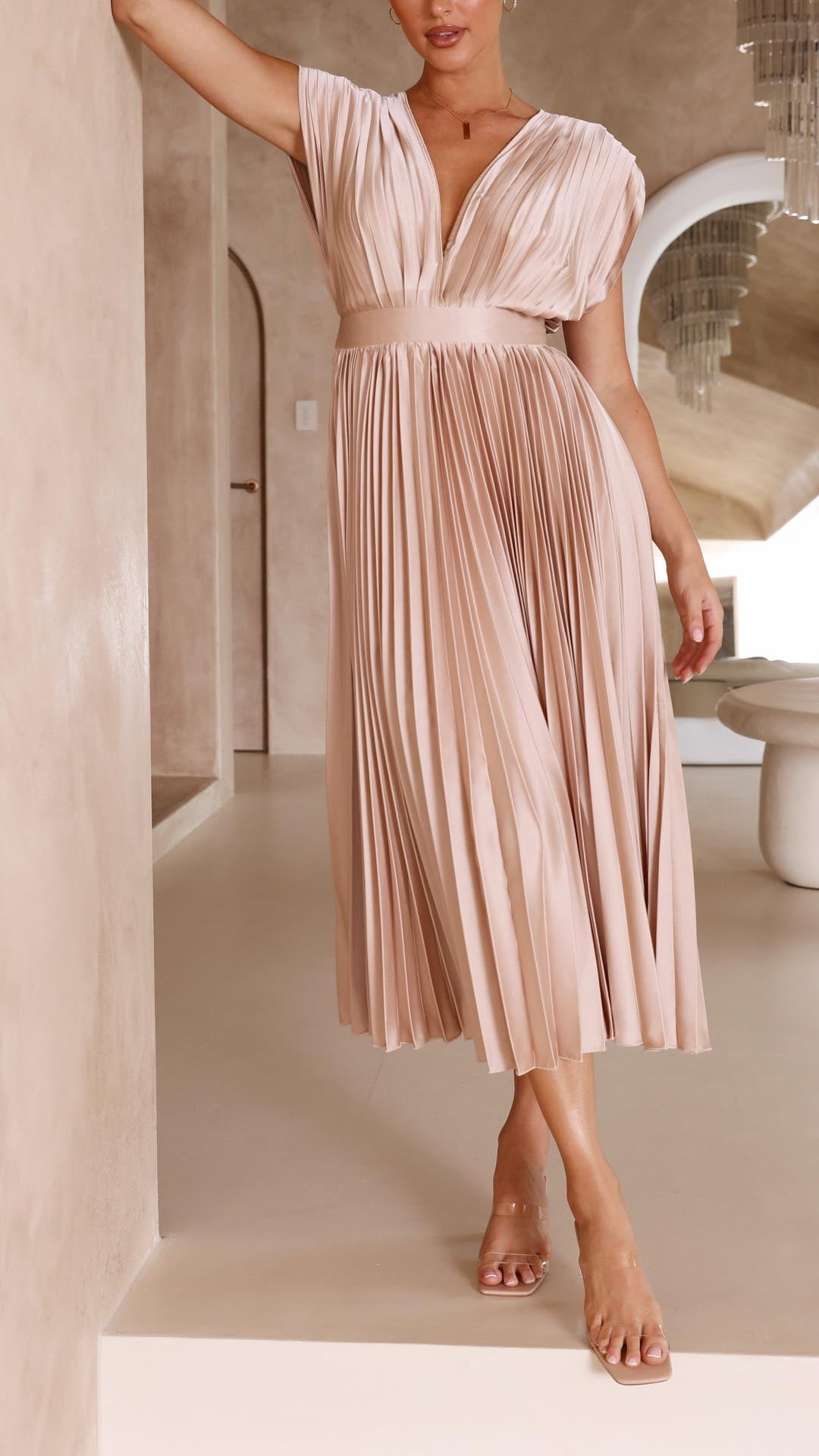 Pleated V Neck Midi Dress for Wedding Guests