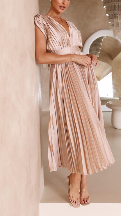 Pleated V Neck Midi Dress for Wedding Guests