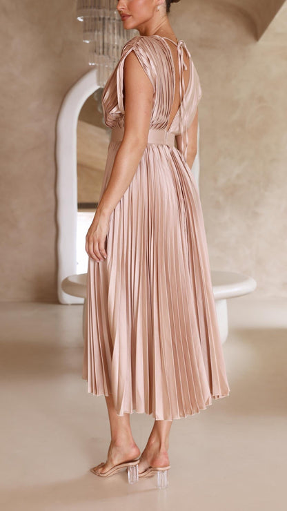 Pleated V Neck Midi Dress for Wedding Guests