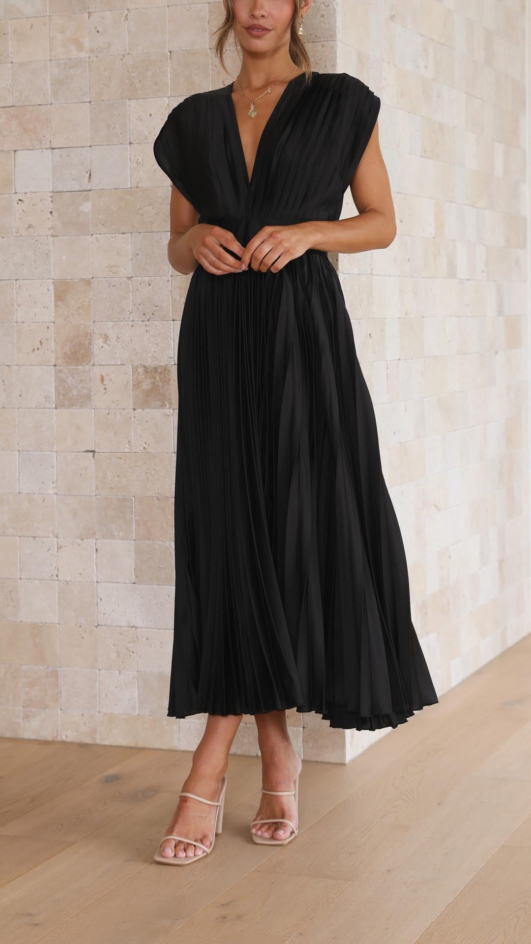 Pleated V Neck Midi Dress for Wedding Guests
