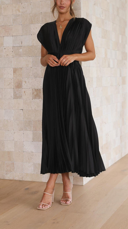 Pleated V Neck Midi Dress for Wedding Guests