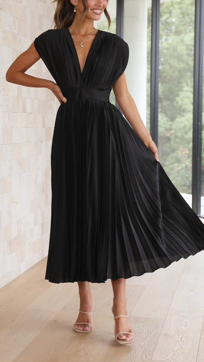 Pleated V Neck Midi Dress for Wedding Guests