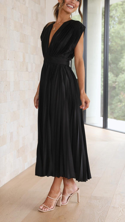 Pleated V Neck Midi Dress for Wedding Guests