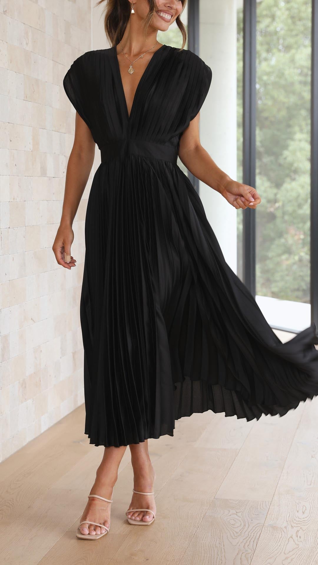 Pleated V Neck Midi Dress for Wedding Guests