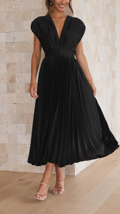 Pleated V Neck Midi Dress for Wedding Guests