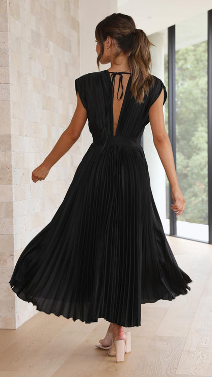 Pleated V Neck Midi Dress for Wedding Guests