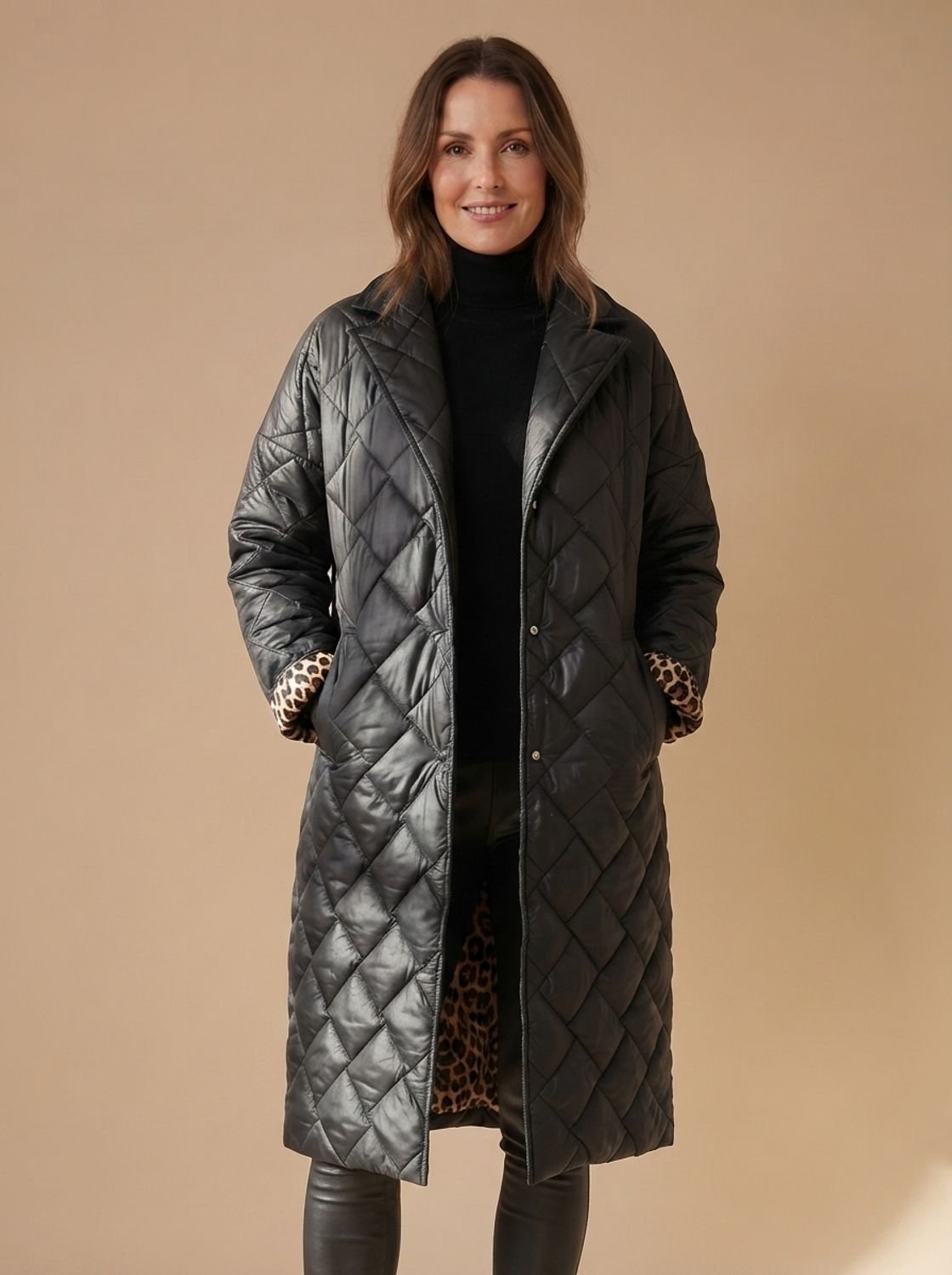 Women's Longline Diamond-Quilted Coat with Leopard Lining