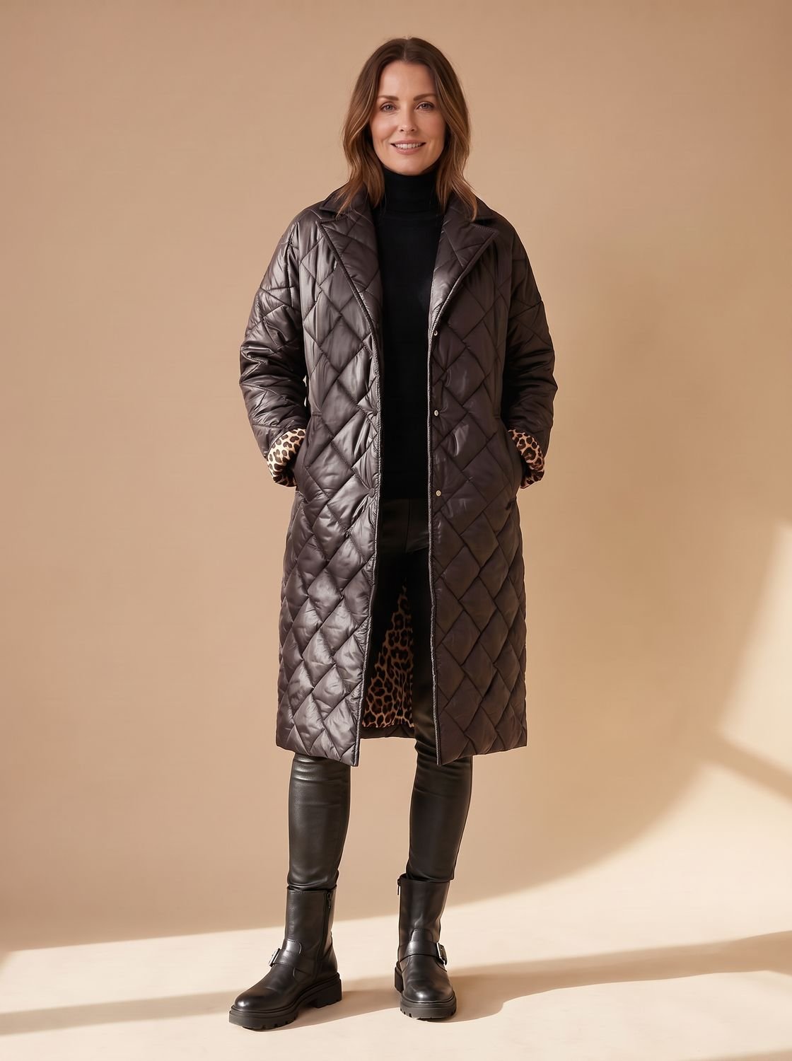 Women's Longline Diamond-Quilted Coat with Leopard Lining