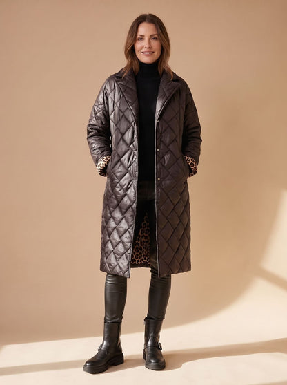 Women's Longline Diamond-Quilted Coat with Leopard Lining