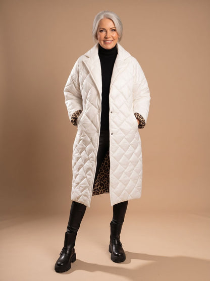 Women's Longline Diamond-Quilted Coat with Leopard Lining