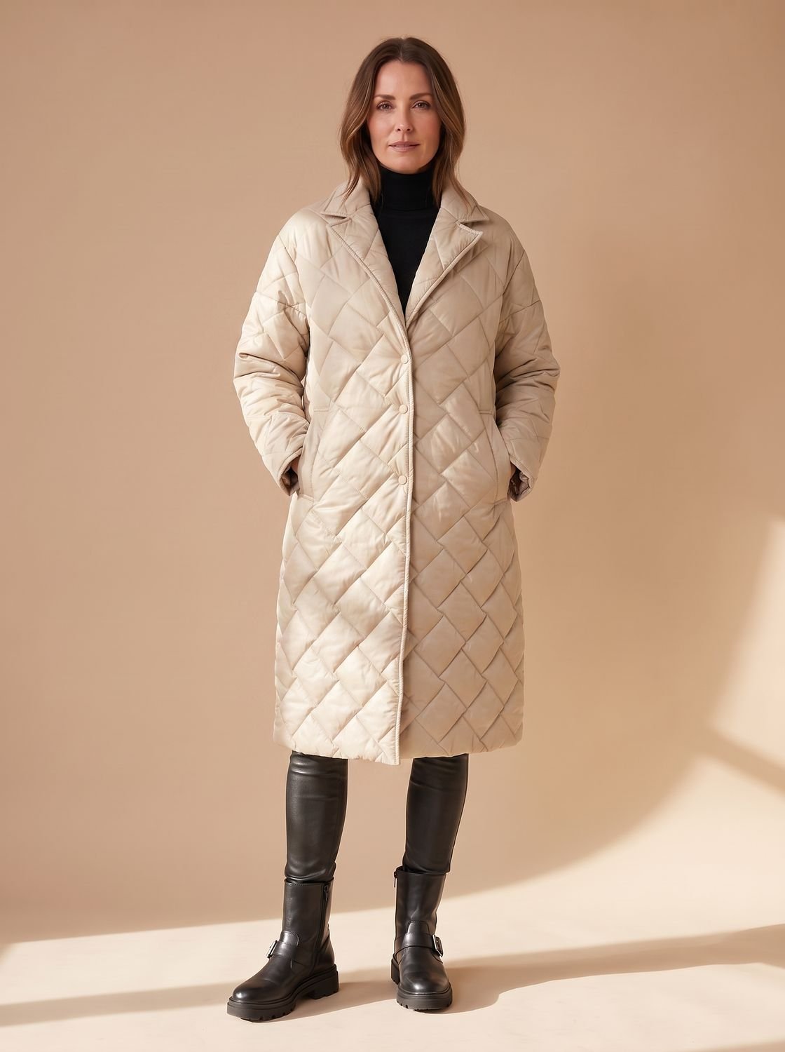 Women's Longline Diamond-Quilted Coat with Leopard Lining