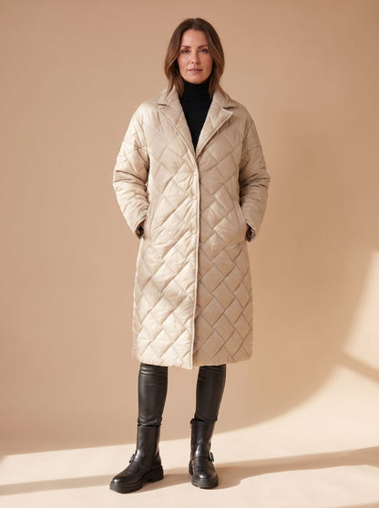 Women's Longline Diamond-Quilted Coat with Leopard Lining